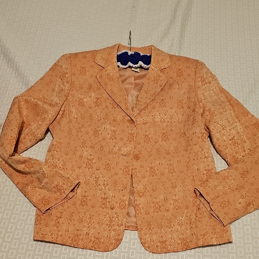 VINTAGE Norton McNaughton Coral Gold Patterned Blazer Coat 80s Jacket Size 4